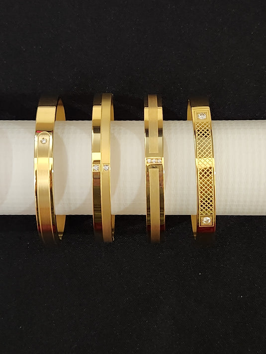 Classic Stainless Steel Cuff Bangle Self Design & Bamboo Designs with Crystals