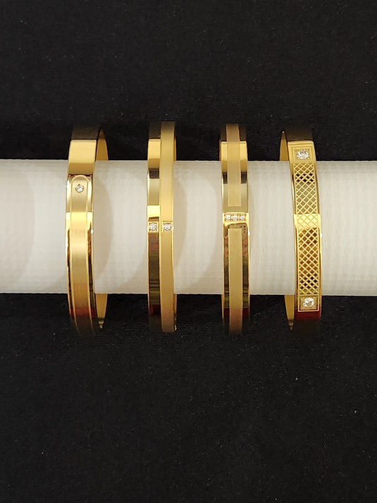 Classic Stainless Steel Cuff Bangle Self Design & Bamboo Designs with Crystals