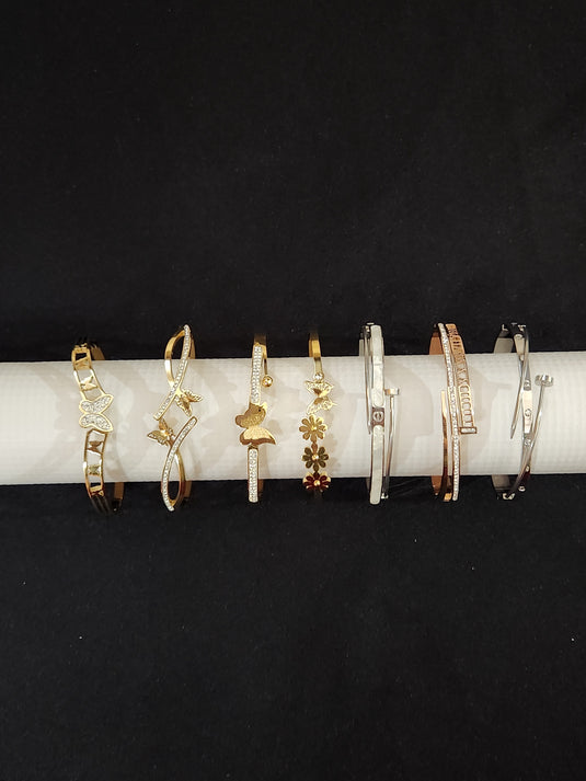 Classic Stainless Steel Crystal Cuff Bangle with Designs of Flowers, Clover, Butterfly, Tree of Life & Evil Eye