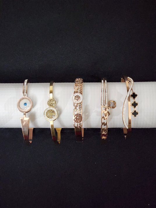 Classic Stainless Steel Crystal Cuff Bangle with Designs of Flowers, Clover, Butterfly, Tree of Life & Evil Eye