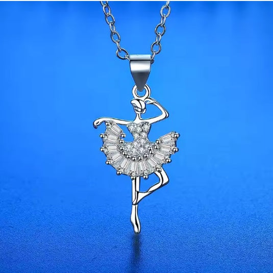 925 Silver Dancing Doll Ballet Dancer Crystal Studded Pendant & Chain