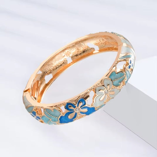 Hollow Wide Cut Work Enamel Cuff Bangles in Blue Color