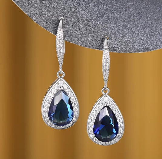 Luxury Premium Quality AD Collection Cubic Zircon Drop Earrings - Blue