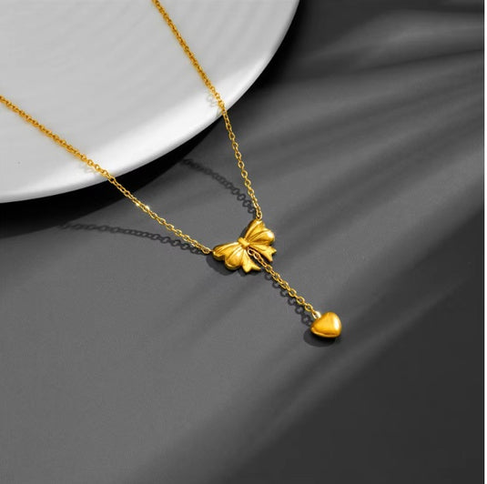 Bow with a Tassel Stainless Steel Necklace