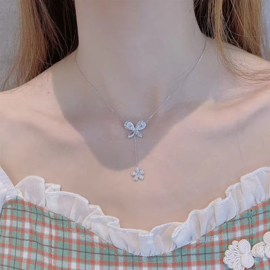 Luxury Premium Butterfly & Flower Tassel Design AD Collection Cubic Zircon Stud Drop Necklace