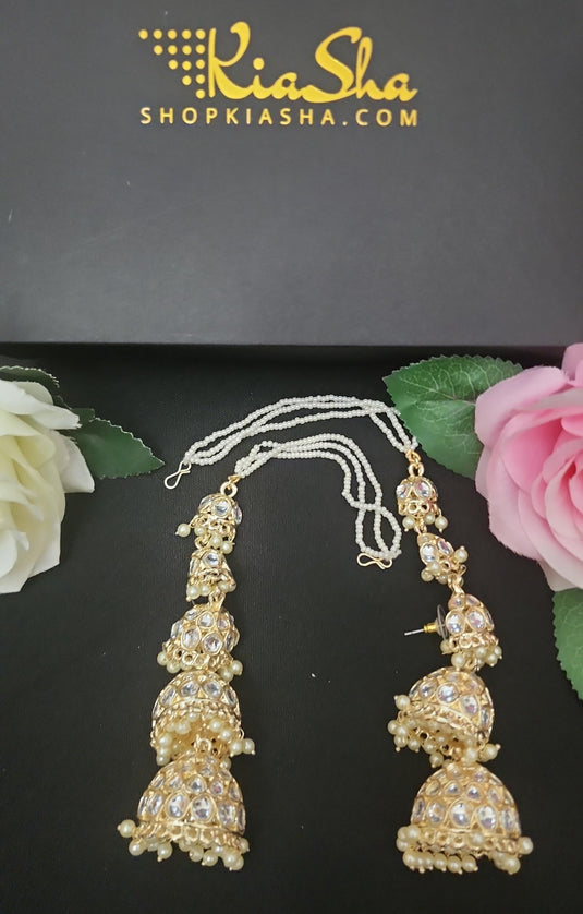 Meenakari Ethnic Kundan Jhumka Earrings with Hair Chains/Ear Chains