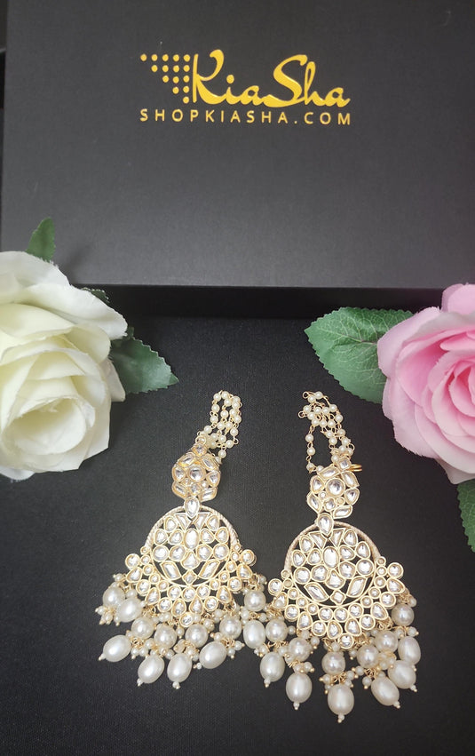 Meenakari Ethnic Kundan Jhumka Earrings with Hair Chains/Ear Chains