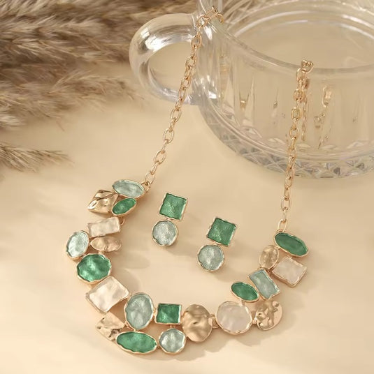 Gold Plated, Stainless Steel, Enamel Coated Stylish Set in Shades of Green