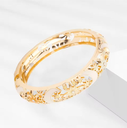 Hollow Wide Cut Work Enamel Cuff Bangles in Beige & White Colors