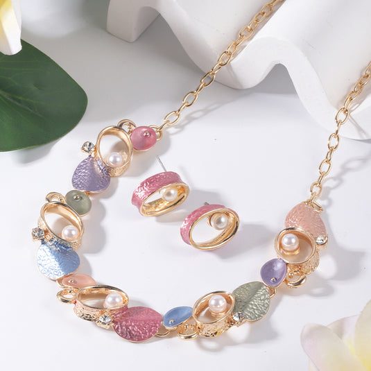 Gold Plated, Stainless Steel, Enamel Coated Multicolor Stylish Set with Elegant Pearls