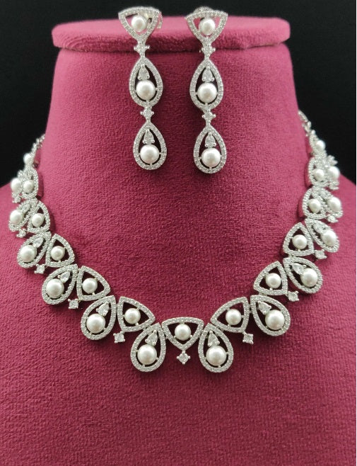 Premium AAA Grade Cubic Zircon/American Diamond Sets with Pearls - Necklace & Earrings