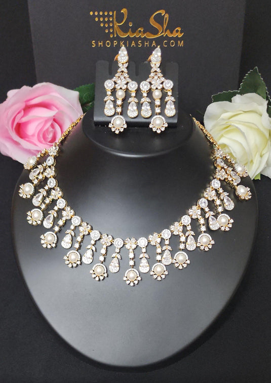 Premium AAA Grade Cubic Zircon / American Diamond Pearl Sets - Necklace & Earrings