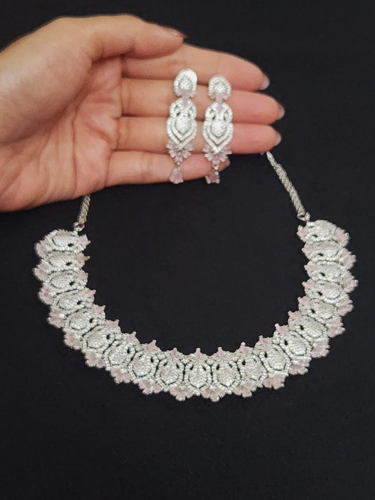 Premium AAA Grade Cubic Zircon / American Diamond Sets - Necklace & Earrings - Pink, Green