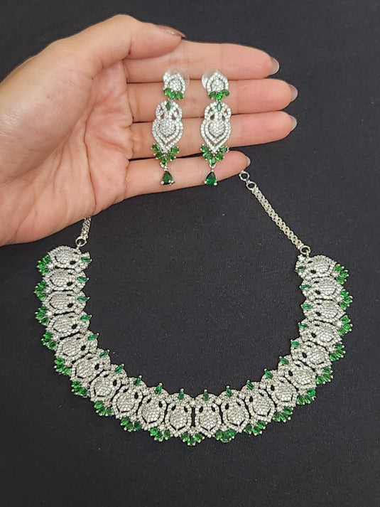 Premium AAA Grade Cubic Zircon / American Diamond Sets - Necklace & Earrings - Pink, Green