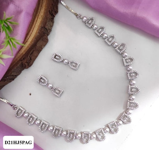 Premium AAA Grade Cubic Zircon / American Diamond Pearl Sets - Necklace & Earrings
