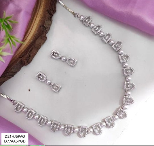 Premium AAA Grade Cubic Zircon / American Diamond Pearl Sets - Necklace & Earrings
