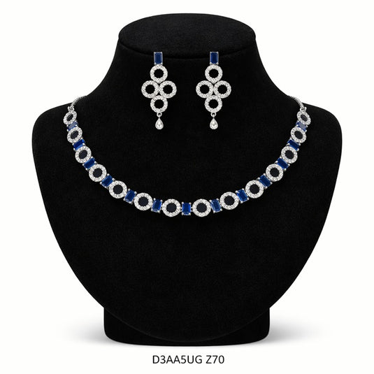 Premium AAA Grade Cubic Zircon / American Diamond Sets - Necklace & Earrings - Blue