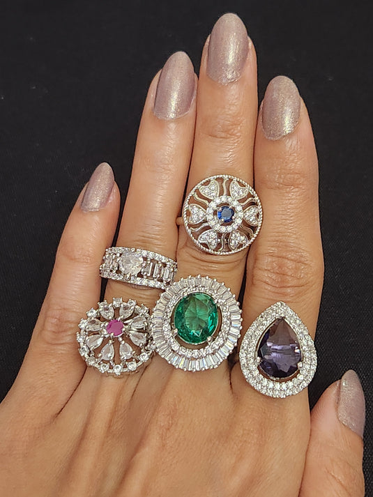 Premium AAA Grade Cubic Zircon/American Diamond - Finger Ring Black, Blue, Red, Green, Purple, Pink & Plain Zircon