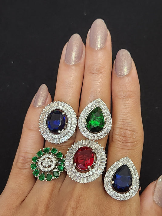 Premium AAA Grade Cubic Zircon/American Diamond - Finger Ring Black, Blue, Red, Green, Purple, Pink & Plain Zircon