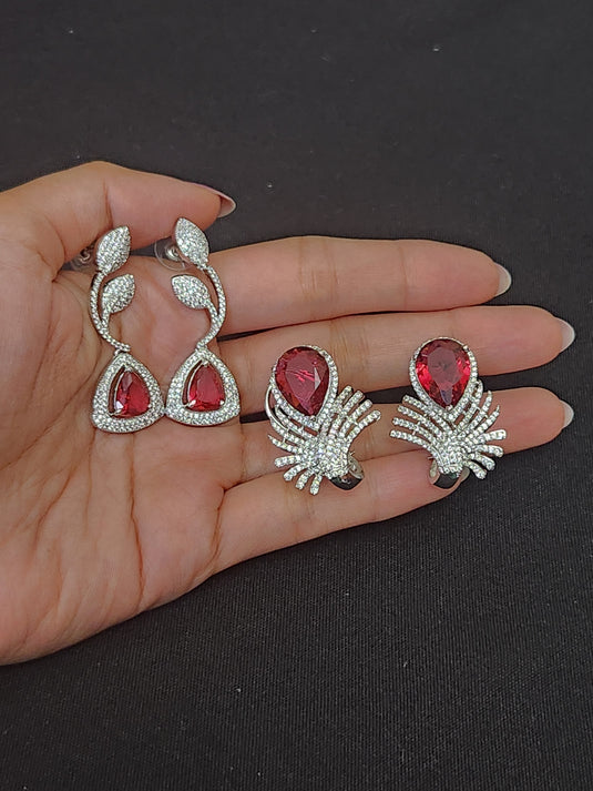 Luxury Premium Quality AD Collection Cubic Zircon Stud Earrings - Red, Green, Violet & Plain Zircon