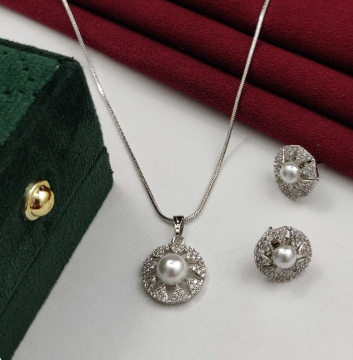 Premium AAA Grade Cubic Zircon/American Diamond Pearl Sets - Pendant & Earrings