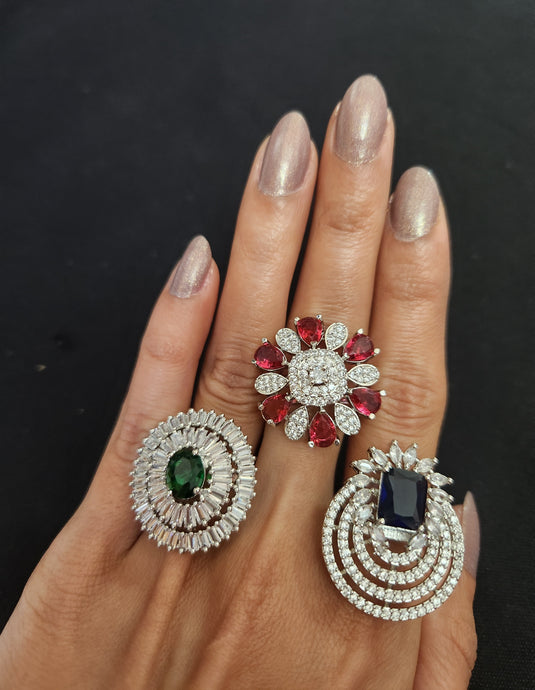 Premium AAA Grade Cubic Zircon/American Diamond - Finger Ring Black, Blue, Red, Green, Purple, Pink & Plain Zircon