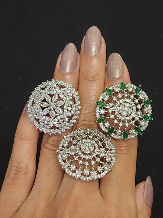 Premium AAA Grade Cubic Zircon/American Diamond - Finger Ring Black, Blue, Red, Green, Purple, Pink & Plain Zircon