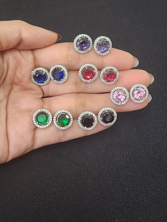 Premium AAA Grade Cubic Zircon/American Diamond Stud Earrings - Red, Green, Blue, Black, Pink, Purple