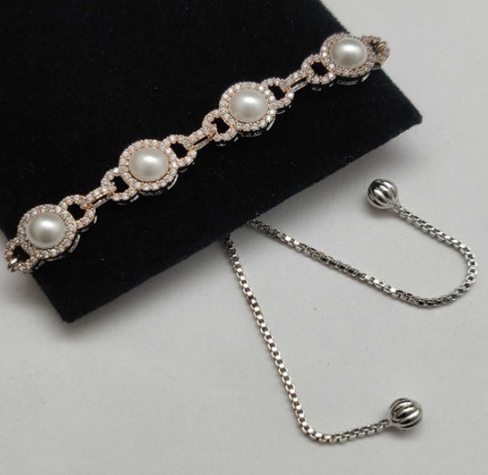 Premium AAA Grade Cubic Zircon / American Diamond Pearl Stud Bolo Bracelet