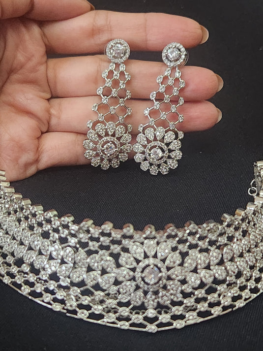 Premium AAA Grade Cubic Zircon / American Diamond Choker Sets - Necklace & Earrings