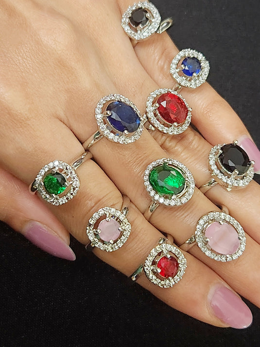 Premium AAA Grade Cubic Zircon/American Diamond - Finger Ring Black, Blue, Red, Green, Pink