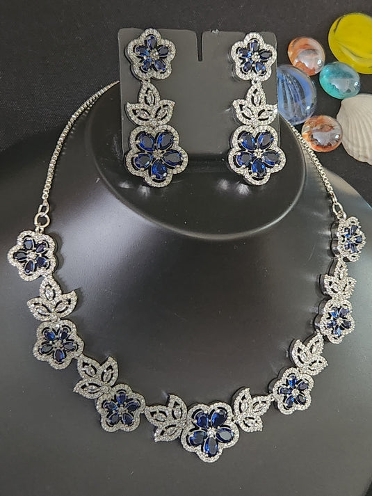 Premium AAA Grade Cubic Zircon / American Diamond Sets - Necklace & Earrings - Pink, Blue