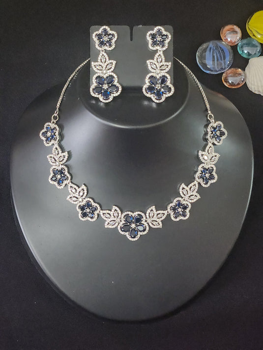 Premium AAA Grade Cubic Zircon / American Diamond Sets - Necklace & Earrings - Pink, Blue