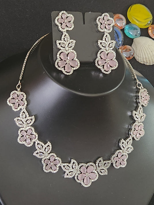 Premium AAA Grade Cubic Zircon / American Diamond Sets - Necklace & Earrings - Pink, Blue