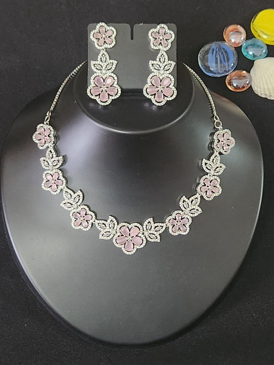 Premium AAA Grade Cubic Zircon / American Diamond Sets - Necklace & Earrings - Pink, Blue