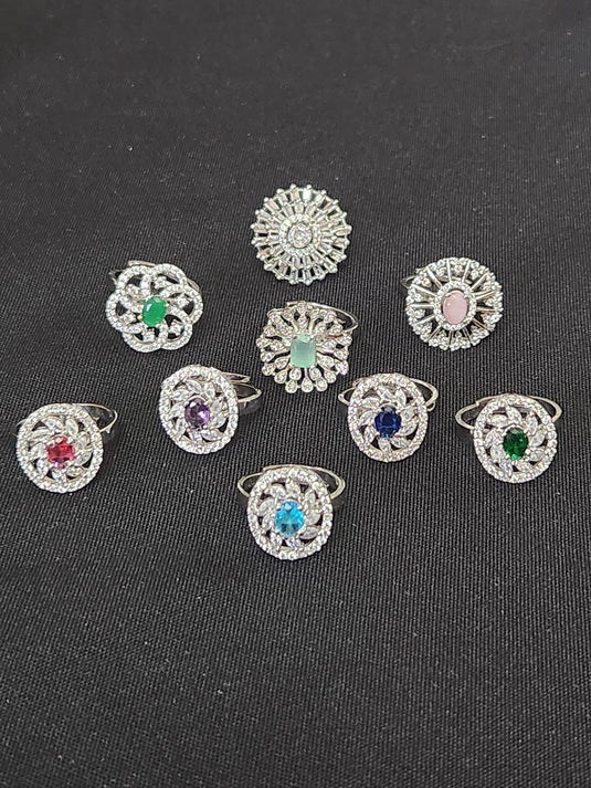 Premium AAA Grade Cubic Zircon/American Diamond - Finger Ring Green, Pink, Blue, Red & Plain Zircon