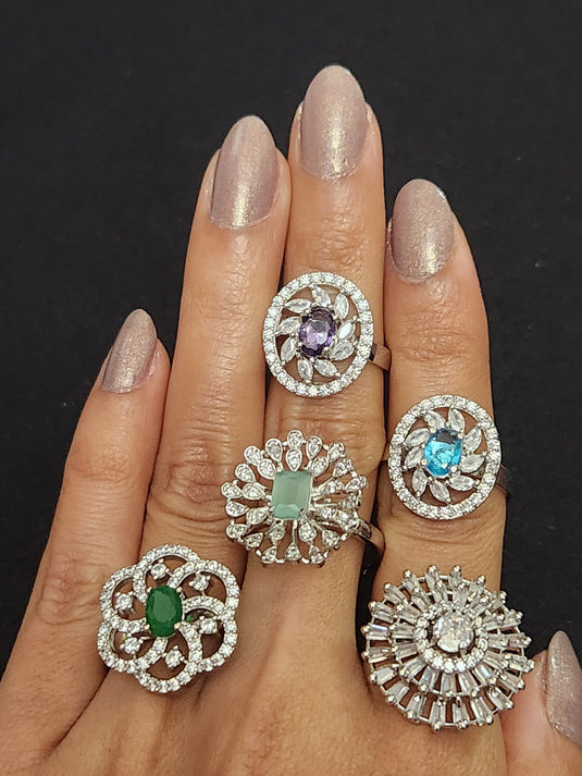 Premium AAA Grade Cubic Zircon/American Diamond - Finger Ring Green, Pink, Blue, Red & Plain Zircon