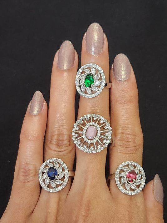 Premium AAA Grade Cubic Zircon/American Diamond - Finger Ring Green, Pink, Blue, Red & Plain Zircon