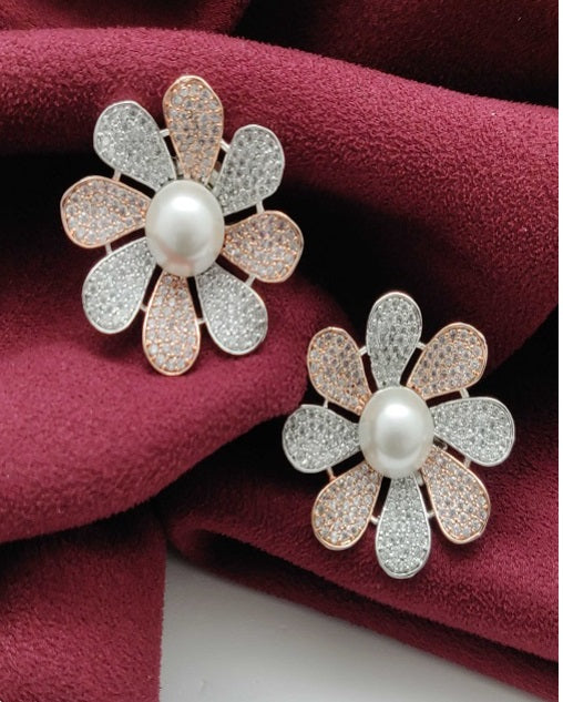 Premium AAA Grade Cubic Zircon/American Diamond Pearl Stud Earrings