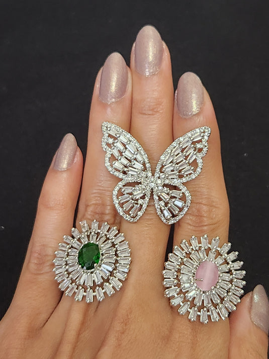 Premium AAA Grade Cubic Zircon/American Diamond - Finger Ring Green, Pink, Blue, Red & Plain Zircon