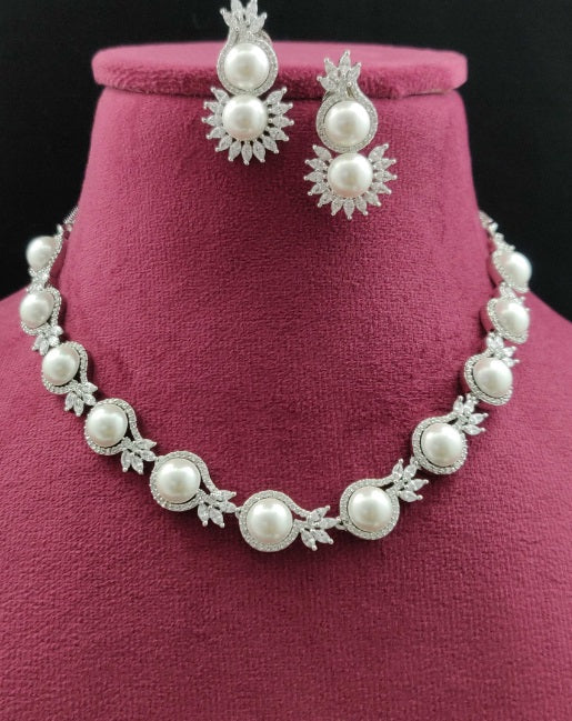 Premium AAA Grade Cubic Zircon/American Diamond Sets with Pearls - Necklace & Earrings