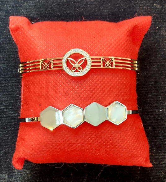 Classic Stainless Steel Crystal Cuff Bangle with Designs of Flowers, Clover, Butterfly, Tree of Life & Evil Eye