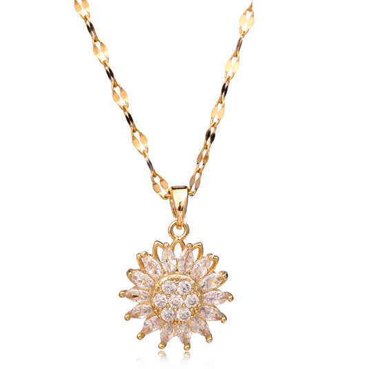 Rotatable Sunflower Necklace in Stainless Steel and Cubic Zircon