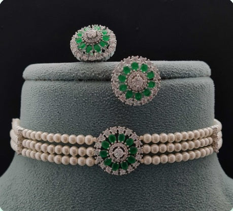 Premium AAA Grade Cubic Zircon / American Diamond Choker Pearl Sets - Necklace & Earrings - Green