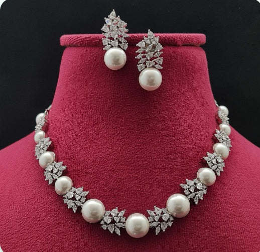 Premium AAA Grade Cubic Zircon / American Diamond Pearl Sets - Necklace & Earrings