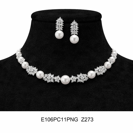 Premium AAA Grade Cubic Zircon / American Diamond Pearl Sets - Necklace & Earrings