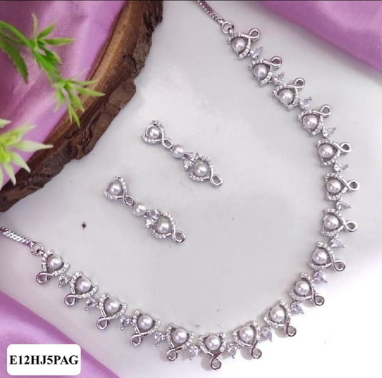 Premium AAA Grade Cubic Zircon / American Diamond Pearl Sets - Necklace & Earrings