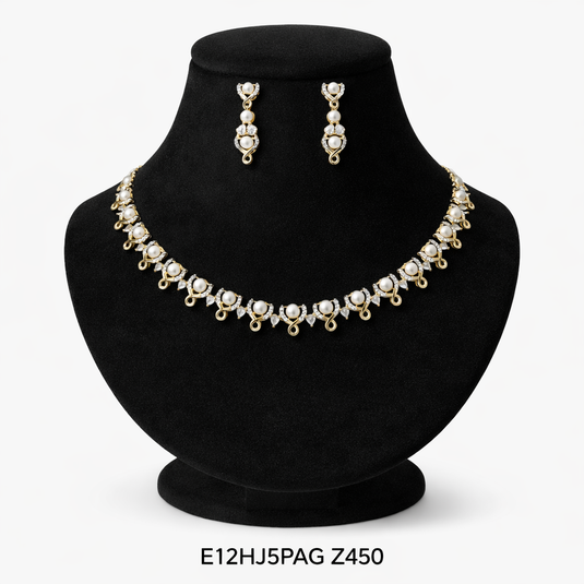 Premium AAA Grade Cubic Zircon / American Diamond Pearl Sets - Necklace & Earrings