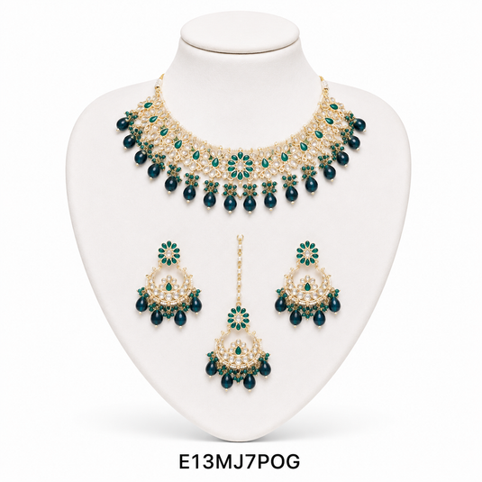 Meenakari Ethnic Kundan & Pearl Set - Choker, Earrings & Mangtikka in Yellow Gold - Red, Green & Multicolor