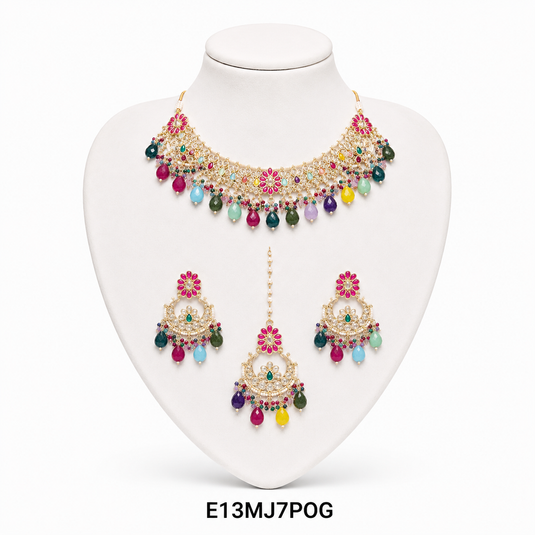 Meenakari Ethnic Kundan & Pearl Set - Choker, Earrings & Mangtikka in Yellow Gold - Red, Green & Multicolor
